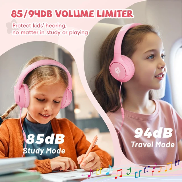 Alt view image 3 of 7 - Wired Headphones for Kids for School, 3.5mm Cord Safe Volume Limit, Pink Over Ear Headphones with Mic, 85/94dB for Girls Toddler Student, Foldable Plug in Headphone for Kindle Tablet Airplane Travel