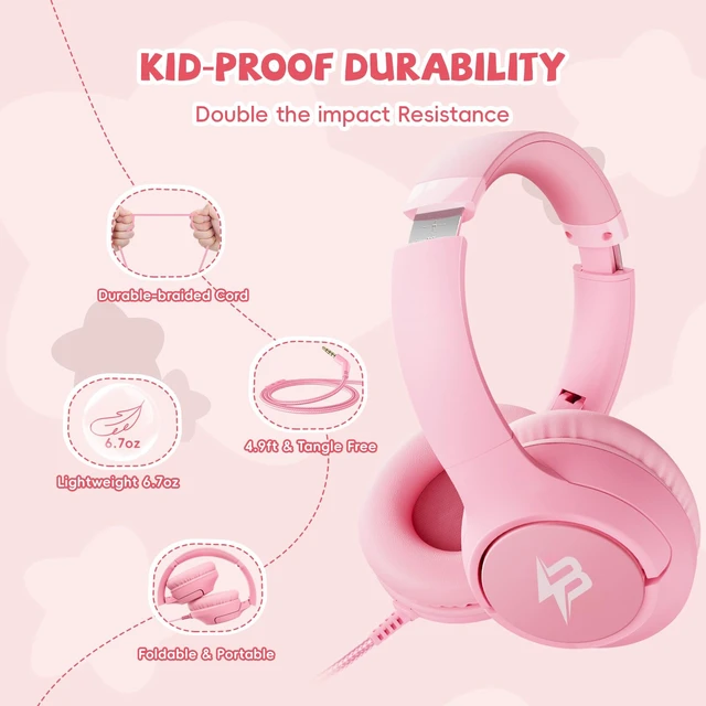 Alt view image 4 of 7 - Wired Headphones for Kids for School, 3.5mm Cord Safe Volume Limit, Pink Over Ear Headphones with Mic, 85/94dB for Girls Toddler Student, Foldable Plug in Headphone for Kindle Tablet Airplane Travel