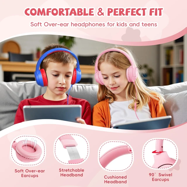 Alt view image 5 of 7 - Wired Headphones for Kids for School, 3.5mm Cord Safe Volume Limit, Pink Over Ear Headphones with Mic, 85/94dB for Girls Toddler Student, Foldable Plug in Headphone for Kindle Tablet Airplane Travel