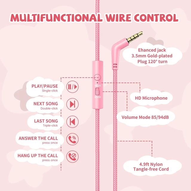 Alt view image 6 of 7 - Wired Headphones for Kids for School, 3.5mm Cord Safe Volume Limit, Pink Over Ear Headphones with Mic, 85/94dB for Girls Toddler Student, Foldable Plug in Headphone for Kindle Tablet Airplane Travel