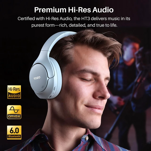 Alt view image 6 of 7 - HT3 Hybrid Noise Cancelling Wireless Headphones, 90H Over Ear Headset Hi Res Audio, AI Voice Assistant, Dual Device Connection, 32 Custom EQs, Built In 5 Mics, ANC, Foldable with Case