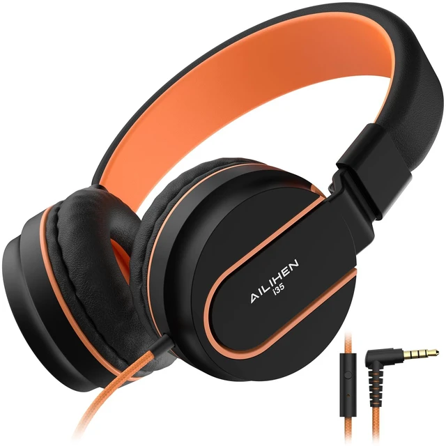 Main image of I35 Kids Headphones for School with Mic, 93dB Safe Volume, Orange Wired On Ear Headphones for Girls Boys, 3.5mm Foldable Lightweight for Classroom Chromebook, Laptop, Computer, Tablet