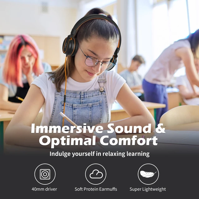 Alt view image 2 of 6 - I35 Kids Headphones for School with Mic, 93dB Safe Volume, Orange Wired On Ear Headphones for Girls Boys, 3.5mm Foldable Lightweight for Classroom Chromebook, Laptop, Computer, Tablet