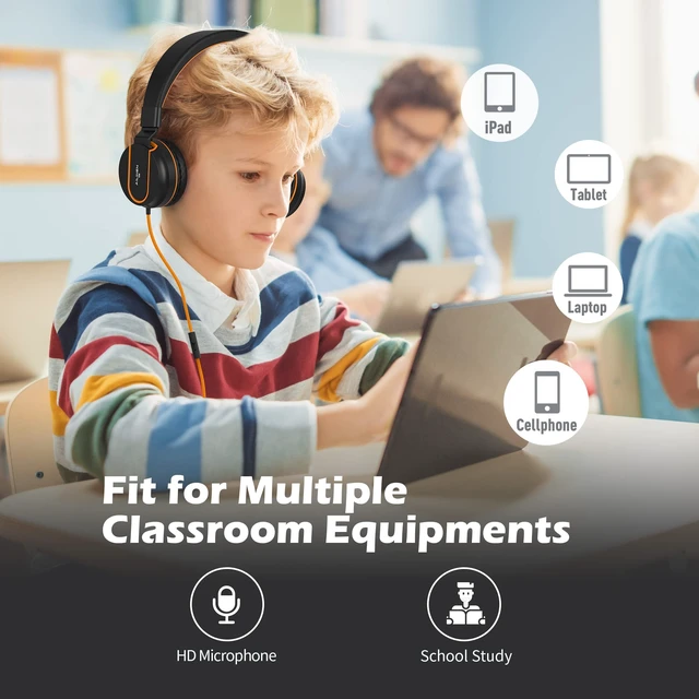 Alt view image 3 of 6 - I35 Kids Headphones for School with Mic, 93dB Safe Volume, Orange Wired On Ear Headphones for Girls Boys, 3.5mm Foldable Lightweight for Classroom Chromebook, Laptop, Computer, Tablet