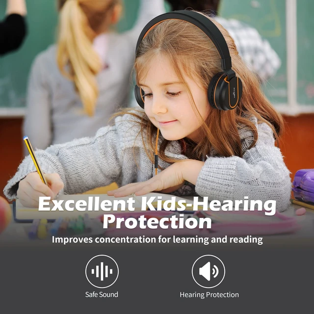 Alt view image 4 of 6 - I35 Kids Headphones for School with Mic, 93dB Safe Volume, Orange Wired On Ear Headphones for Girls Boys, 3.5mm Foldable Lightweight for Classroom Chromebook, Laptop, Computer, Tablet