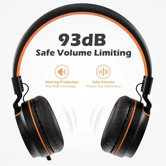 Alt view image 5 of 6 - I35 Kids Headphones for School with Mic, 93dB Safe Volume, Orange Wired On Ear Headphones for Girls Boys, 3.5mm Foldable Lightweight for Classroom Chromebook, Laptop, Computer, Tablet