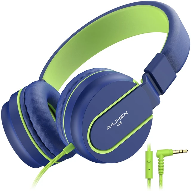 Main image of I35 Kids Headphones for School with Mic, 93dB Safe Volume, Green Wired On Ear Headphones for Girls Boys, 3.5mm Foldable Lightweight for Classroom Chromebook, Laptop, Computer, Tablet