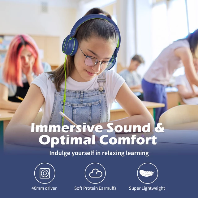 Alt view image 2 of 5 - I35 Kids Headphones for School with Mic, 93dB Safe Volume, Green Wired On Ear Headphones for Girls Boys, 3.5mm Foldable Lightweight for Classroom Chromebook, Laptop, Computer, Tablet