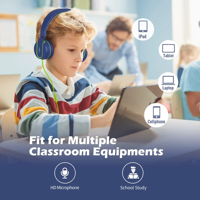 Alt view image 3 of 5 - I35 Kids Headphones for School with Mic, 93dB Safe Volume, Green Wired On Ear Headphones for Girls Boys, 3.5mm Foldable Lightweight for Classroom Chromebook, Laptop, Computer, Tablet