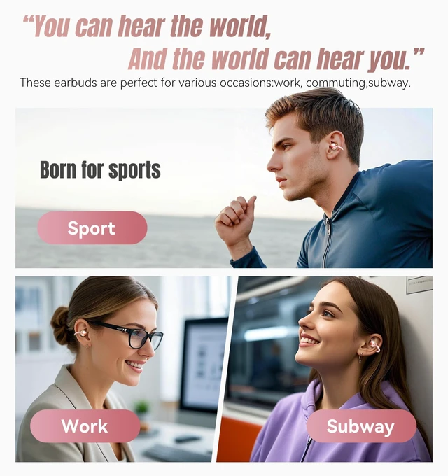 Alt view image 6 of 7 - King Lucky Next-gen Clip on Earbuds Open Ear Wireless Bluetooth 6.0 Headphones with Mic,50H Play,ENC,IPX5 Waterproof,Sports Ear Buds,Comfortable for Small Ears&Fitness,Running (LED Display, Pink)