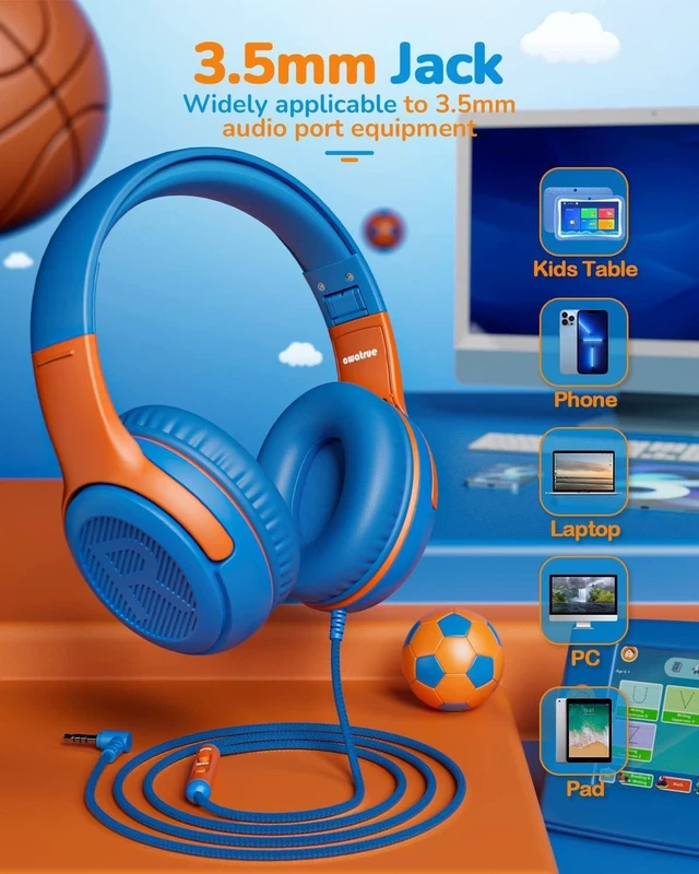 Alt view image 4 of 5 - AT2 3PCS Kids Headphones for School Travel, 85/94dB Safe Volume 3.5mm Jack, HD Mic, Portable Wired Headphone with Shareport, Stereo Sound On-Ear Headphones for Toddler Kids Girls Boys