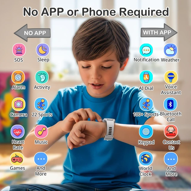 Alt view image 6 of 7 - Kids Waterproof Smart Watch Boys with Fitness Tracker Sports Activity Pedometer Heartrate SpO2 Stress Monitor Flashlight APP HD Touch Screen Camera Games for 4-13 Years Old Boys Gifts for Kids