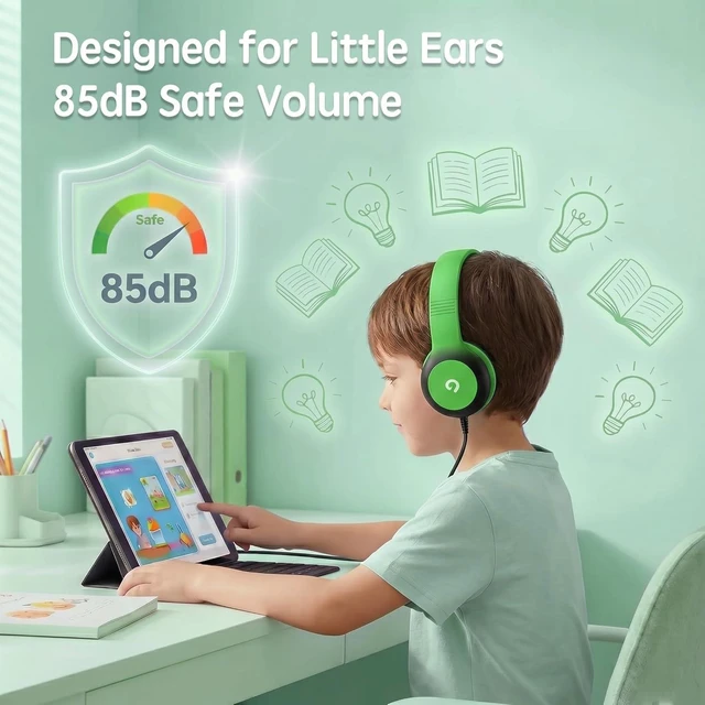 Alt view image 2 of 7 - Wired Kids Headphones with USB C Plug, 85dB Safe Volume, Adjustable Headband, Tangle-Free Cord Headphones for School, Tablet, Travel (Green & Black, Without Microphone)