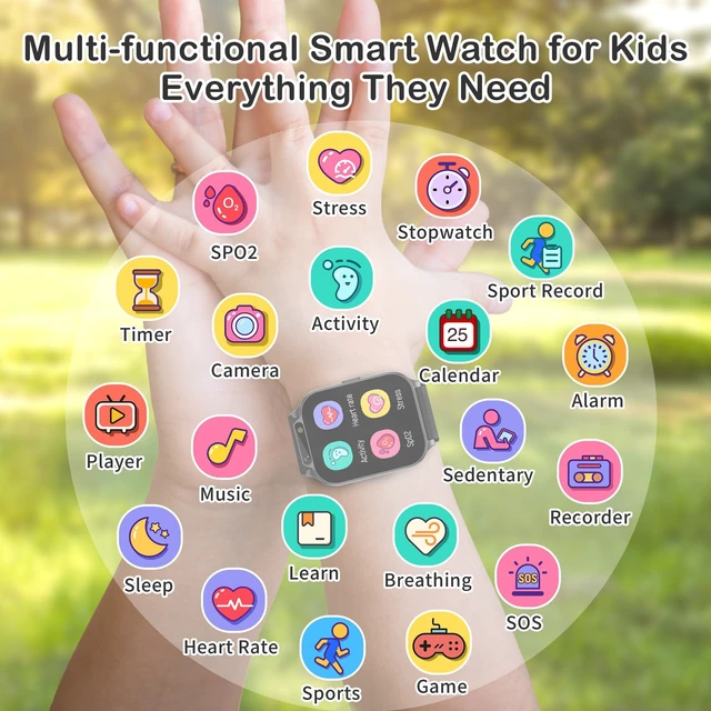 Alt view image 2 of 7 - Kids Waterproof Smart Watch with Fitness Tracker Sports Activity Pedometer Heartrate SpO2 Stress Monitor Flashlight APP HD Touch Screen Camera Games Music for 4-13 Year Old Boys Gifts for Kids