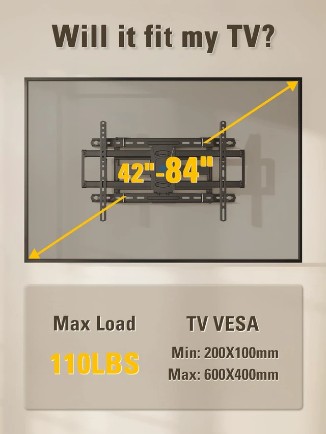 Alt view image 2 of 7 - UL Listed Full Motion TV Wall Mount for Most 42-84 Inch TVs TV Wall Mount Articulating Arm Swivel and Tilt, Loading 110 LBS, Max VESA 600x400mm, Fits 16", 18", 24" Studs MD2617-24K