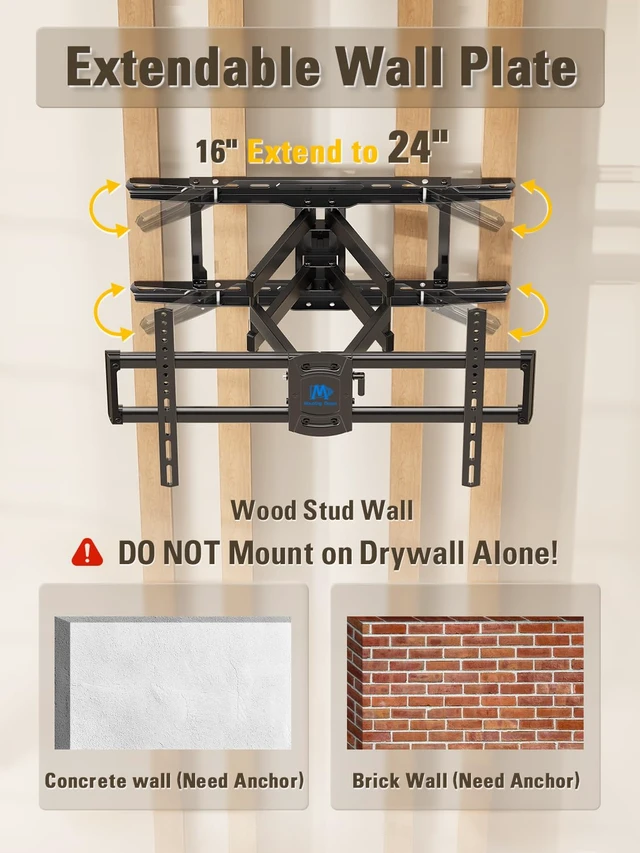 Alt view image 3 of 7 - UL Listed Full Motion TV Wall Mount for Most 42-84 Inch TVs TV Wall Mount Articulating Arm Swivel and Tilt, Loading 110 LBS, Max VESA 600x400mm, Fits 16", 18", 24" Studs MD2617-24K