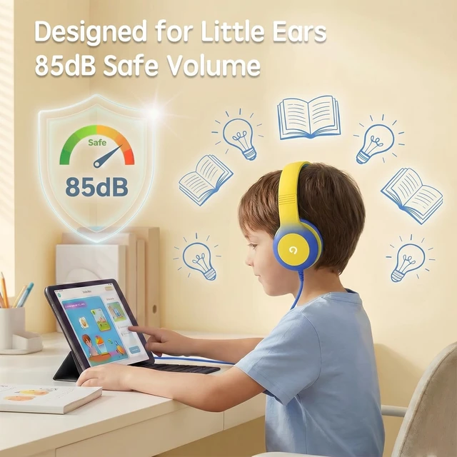 Alt view image 2 of 7 - Wired Kids Headphones with USB C Plug, 85dB Safe Volume, Adjustable Headband, Tangle-Free Cord Headphones for School, Tablet, Travel (Yellow & Blue, Without Microphones)