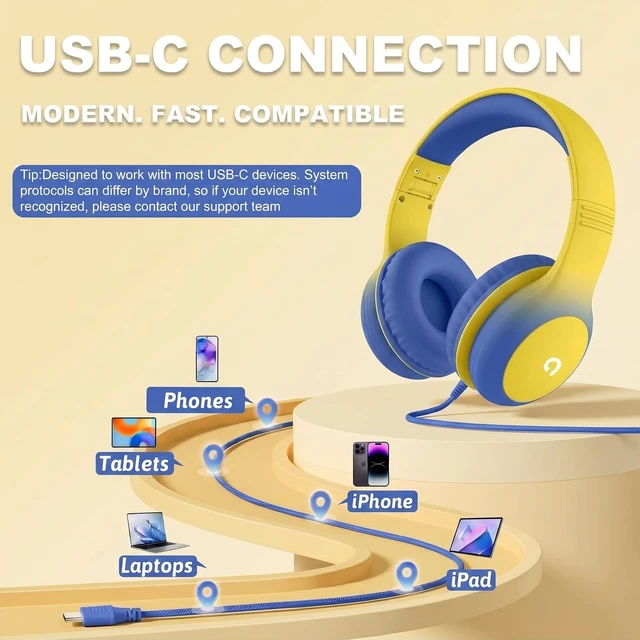 Alt view image 3 of 7 - Wired Kids Headphones with USB C Plug, 85dB Safe Volume, Adjustable Headband, Tangle-Free Cord Headphones for School, Tablet, Travel (Yellow & Blue, Without Microphones)
