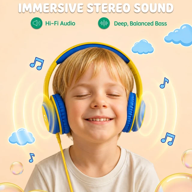 Alt view image 4 of 7 - Wired Kids Headphones with USB C Plug, 85dB Safe Volume, Adjustable Headband, Tangle-Free Cord Headphones for School, Tablet, Travel (Yellow & Blue, Without Microphones)