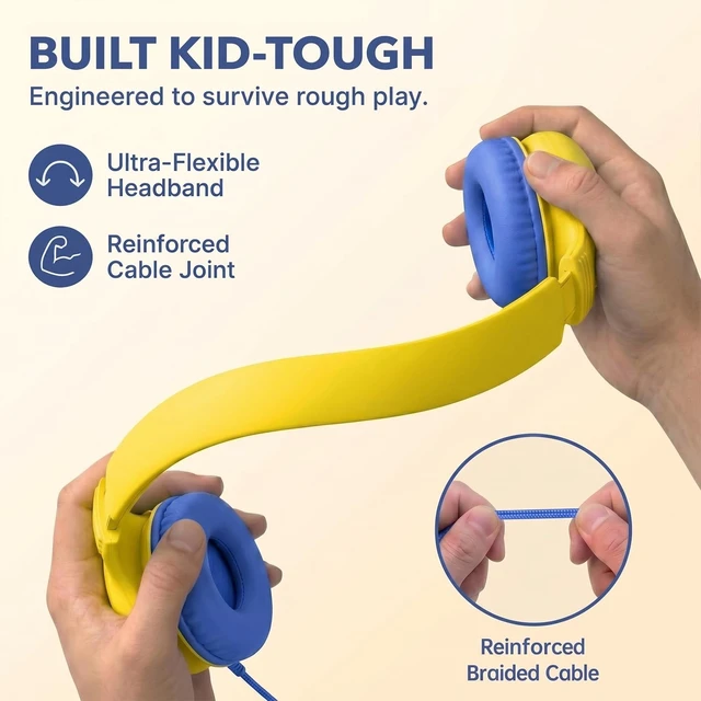 Alt view image 6 of 7 - Wired Kids Headphones with USB C Plug, 85dB Safe Volume, Adjustable Headband, Tangle-Free Cord Headphones for School, Tablet, Travel (Yellow & Blue, Without Microphones)