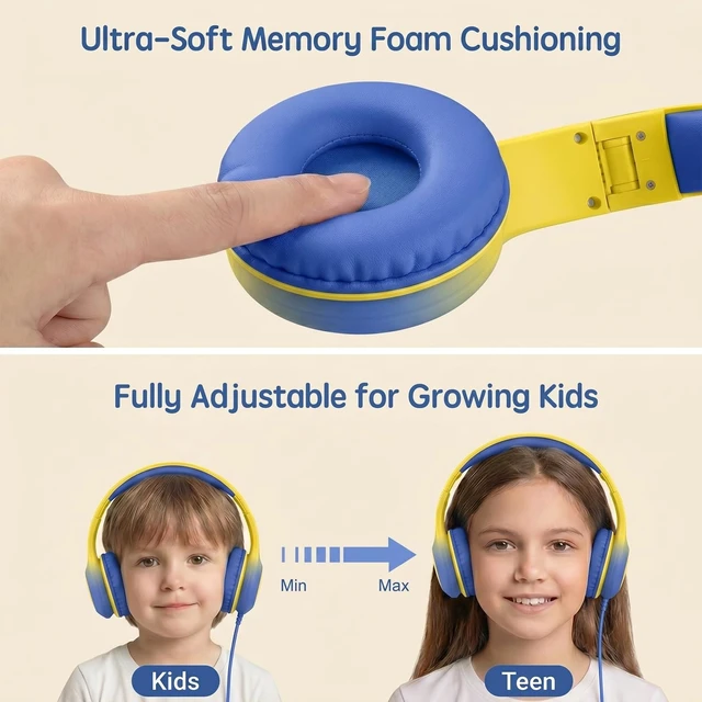 Alt view image 5 of 7 - Wired Kids Headphones with USB C Plug, 85dB Safe Volume, Adjustable Headband, Tangle-Free Cord Headphones for School, Tablet, Travel (Yellow & Blue, Without Microphones)