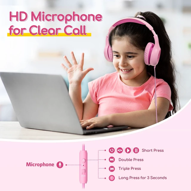 Alt view image 2 of 7 - K1 Kids Headphones Wired with Mic, Volume Limit Headphones for Kids Portable Wired Headphone with Shareport, Stereo Sound, Foldable Headset for School/Toddler/Tablet/iPad/Kindle, Fuscia Pink