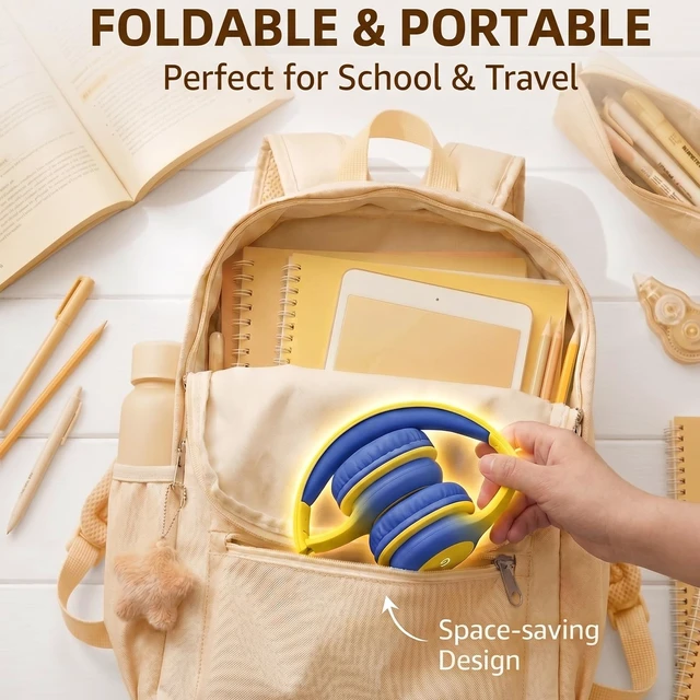 Alt view image 7 of 7 - Wired Kids Headphones with USB C Plug, 85dB Safe Volume, Adjustable Headband, Tangle-Free Cord Headphones for School, Tablet, Travel (Yellow & Blue, Without Microphones)