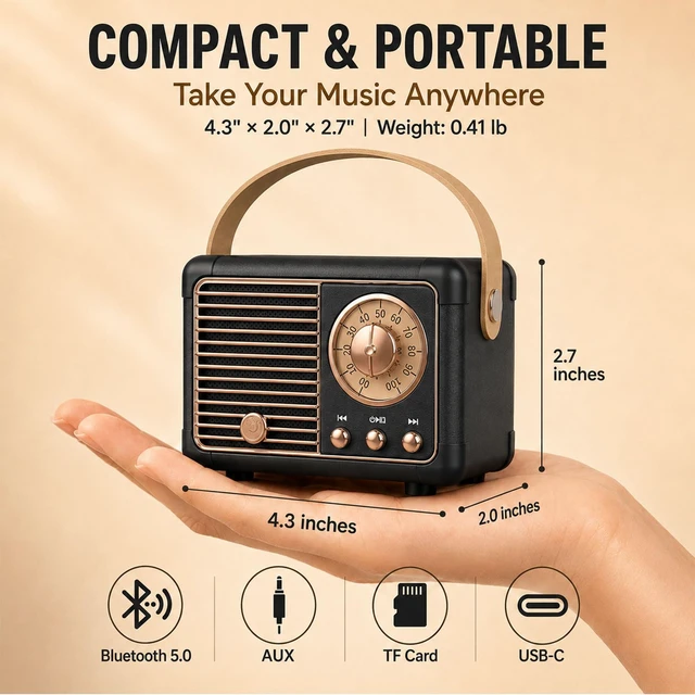 Alt view image 3 of 7 - Retro Bluetooth Speaker, Small Vintage Decor, Birthday Gifts Black Birthday Gifts for Women Men Teens Portable Mini Wireless Old Fashion Style for Kitchen Desk Bedroom Office Outdoor