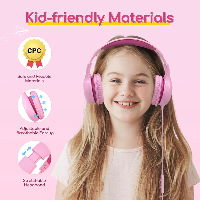 Alt view image 4 of 7 - K1 Kids Headphones Wired with Mic, Volume Limit Headphones for Kids Portable Wired Headphone with Shareport, Stereo Sound, Foldable Headset for School/Toddler/Tablet/iPad/Kindle, Fuscia Pink
