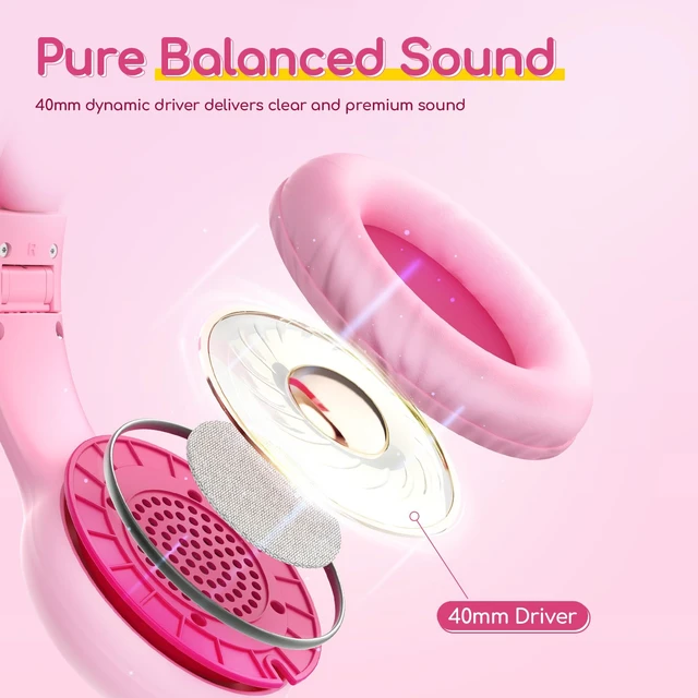 Alt view image 6 of 7 - K1 Kids Headphones Wired with Mic, Volume Limit Headphones for Kids Portable Wired Headphone with Shareport, Stereo Sound, Foldable Headset for School/Toddler/Tablet/iPad/Kindle, Fuscia Pink