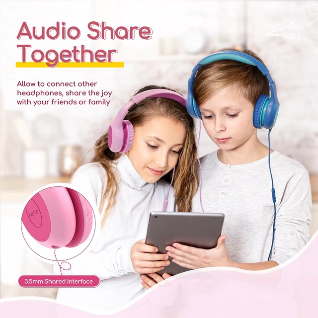 Alt view image 7 of 7 - K1 Kids Headphones Wired with Mic, Volume Limit Headphones for Kids Portable Wired Headphone with Shareport, Stereo Sound, Foldable Headset for School/Toddler/Tablet/iPad/Kindle, Fuscia Pink