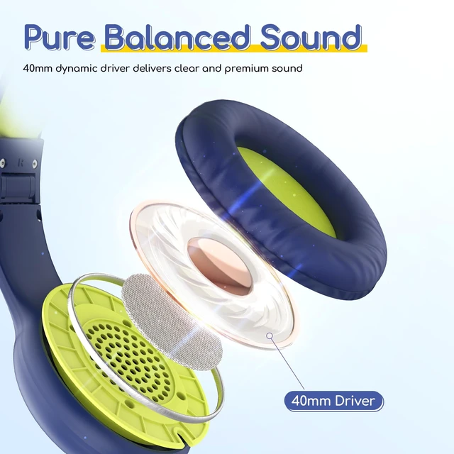 Alt view image 2 of 7 - K1 Kids Headphones Wired with Mic, Volume Limit Headphones for Kids Portable Wired Headphone with Shareport, Stereo Sound, Foldable Headset for School/Toddler/Tablet/iPad/Kindle, Blue Lemon