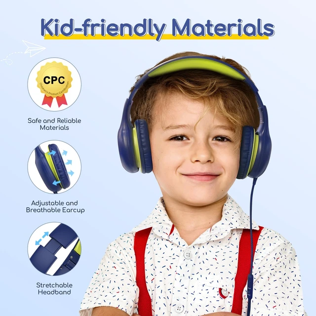 Alt view image 4 of 7 - K1 Kids Headphones Wired with Mic, Volume Limit Headphones for Kids Portable Wired Headphone with Shareport, Stereo Sound, Foldable Headset for School/Toddler/Tablet/iPad/Kindle, Blue Lemon