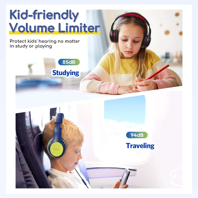 Alt view image 5 of 7 - K1 Kids Headphones Wired with Mic, Volume Limit Headphones for Kids Portable Wired Headphone with Shareport, Stereo Sound, Foldable Headset for School/Toddler/Tablet/iPad/Kindle, Blue Lemon