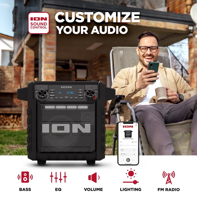 Alt view image 5 of 7 - Tailgater Classic Portable Bluetooth Outdoor Speaker, Black Water Resistant, Rechargeable Battery, Radio, USB Charging, Stereo Linking, App Control, for Parties and Outdoor Events
