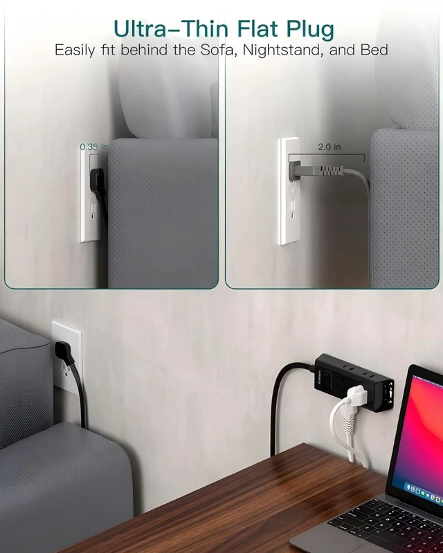 Alt view image 3 of 7 - Flat Plug Power Strip with 6 Outlet Extender, 15 FT Extension Cord Flat Wall Plug with Multiple Outlets, No Surge Protector for Cruise Ship, Travel, Dorm, Home Office, Cruise Essentials, Black