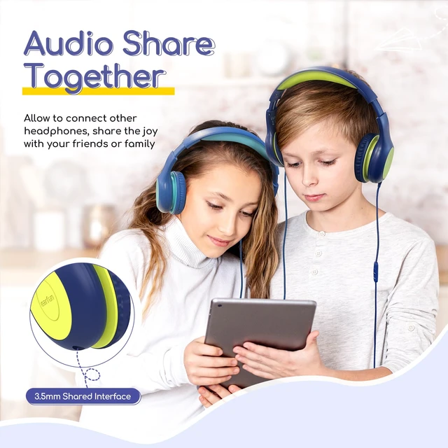 Alt view image 6 of 7 - K1 Kids Headphones Wired with Mic, Volume Limit Headphones for Kids Portable Wired Headphone with Shareport, Stereo Sound, Foldable Headset for School/Toddler/Tablet/iPad/Kindle, Blue Lemon