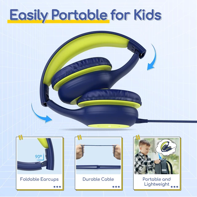 Alt view image 7 of 7 - K1 Kids Headphones Wired with Mic, Volume Limit Headphones for Kids Portable Wired Headphone with Shareport, Stereo Sound, Foldable Headset for School/Toddler/Tablet/iPad/Kindle, Blue Lemon