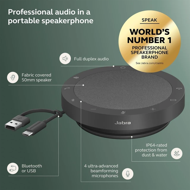 Alt view image 6 of 6 - Speak2 55 Wireless Bluetooth Speakerphone (2025 Edition), Dark Grey Portable Speakerphone, 4 Noise-Cancelling Microphones, Microsoft Teams Certified, Clear Sound for Online Meetings
