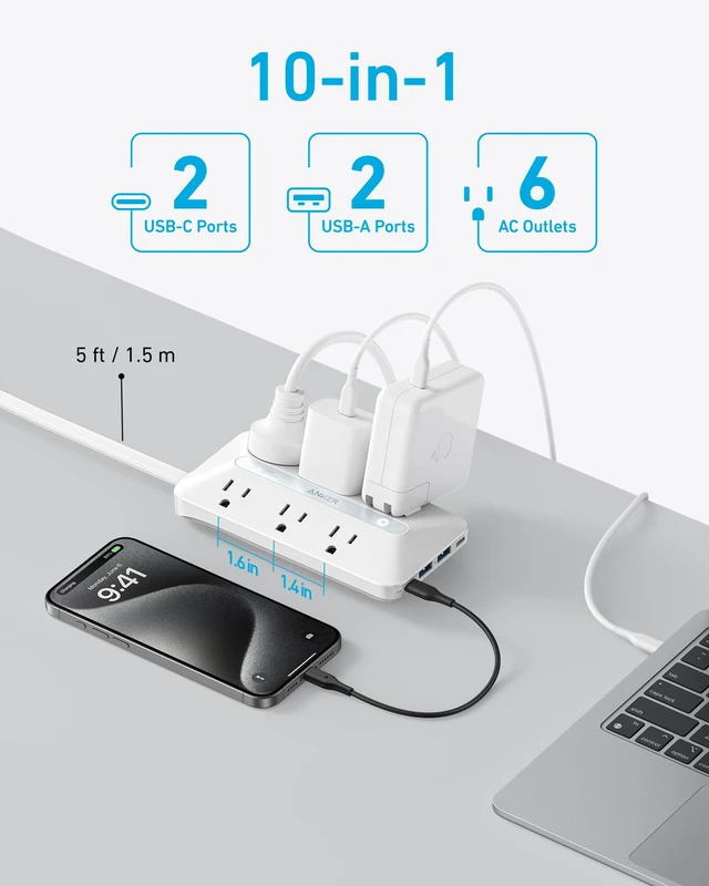 Alt view image 3 of 6 - Power Strip with 300J Surge Protector, 5ft Outlet Extender, 20W, 6AC Flat Plug Extension Cord with Multiple Outlets, 2 USB C, 2 USB A, Dorm Room Essentials, Home Office, TUV Listed