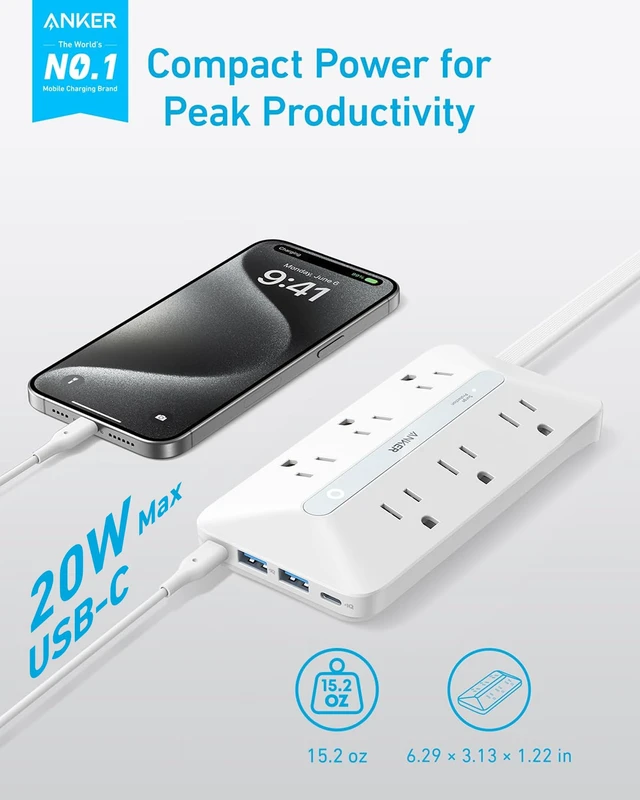 Alt view image 2 of 6 - Power Strip with 300J Surge Protector, 5ft Outlet Extender, 20W, 6AC Flat Plug Extension Cord with Multiple Outlets, 2 USB C, 2 USB A, Dorm Room Essentials, Home Office, TUV Listed