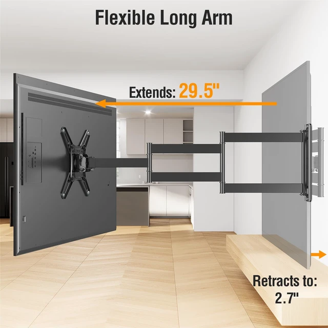 Alt view image 4 of 7 - 29.5in Long Arm TV Mount for 14-42" TVs Monitors, Max VESA 200x200 Fullmotion tv wall mount, swivel ±90°, tilt +5°/-10° antiglare, 44lbs sturdy tv mount bracket for corner homeoffice use