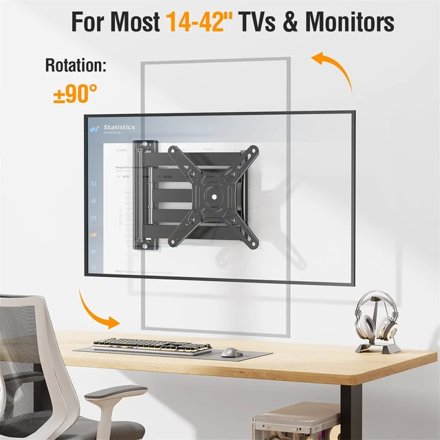 Alt view image 3 of 7 - 29.5in Long Arm TV Mount for 14-42" TVs Monitors, Max VESA 200x200 Fullmotion tv wall mount, swivel ±90°, tilt +5°/-10° antiglare, 44lbs sturdy tv mount bracket for corner homeoffice use