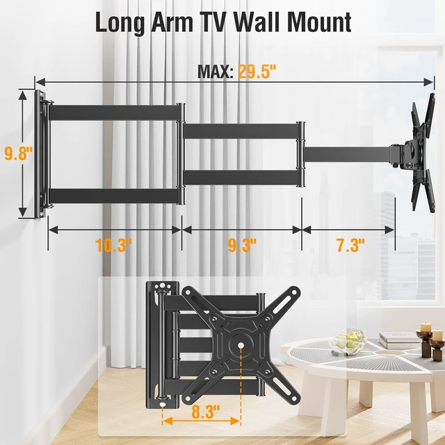 Alt view image 7 of 7 - 29.5in Long Arm TV Mount for 14-42" TVs Monitors, Max VESA 200x200 Fullmotion tv wall mount, swivel ±90°, tilt +5°/-10° antiglare, 44lbs sturdy tv mount bracket for corner homeoffice use