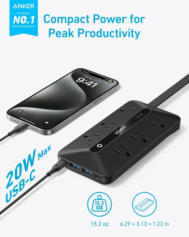 Alt view image 2 of 6 - Power Strip with 300J Surge Protector, 5ft Outlet Extender, 20W, 6AC Flat Plug Extension Cord with Multiple Outlets, 2 USB C, 2 USB A, Dorm Room Essentials, Home Office, TUV Listed