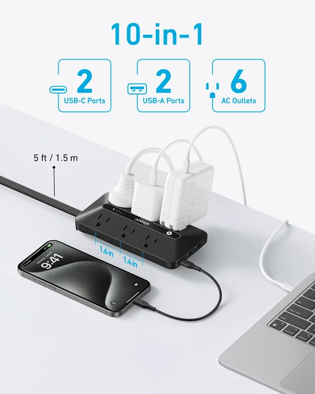 Alt view image 3 of 6 - Power Strip with 300J Surge Protector, 5ft Outlet Extender, 20W, 6AC Flat Plug Extension Cord with Multiple Outlets, 2 USB C, 2 USB A, Dorm Room Essentials, Home Office, TUV Listed