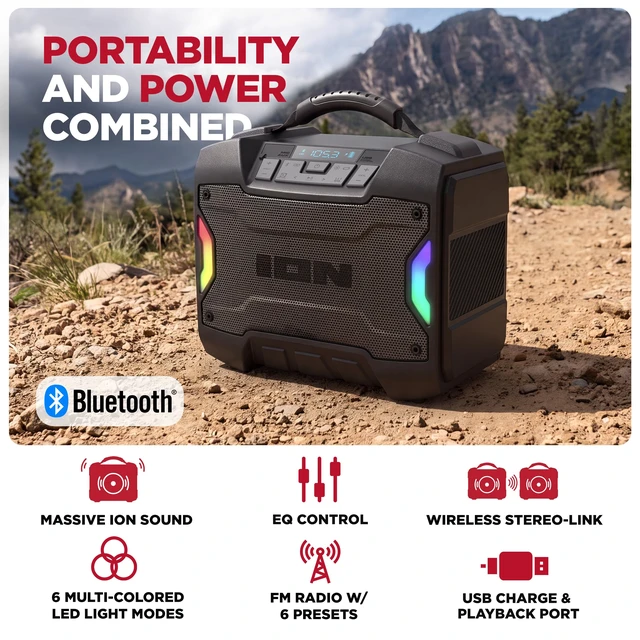 Alt view image 2 of 7 - Tailgater TD Outdoor Portable Bluetooth Speaker With 6 LED Light Modes, Mic In, FM Radio, USB Port, Rechargeable Battery, IPX5 Water-Resistant, Wireless Stereo-Link, App