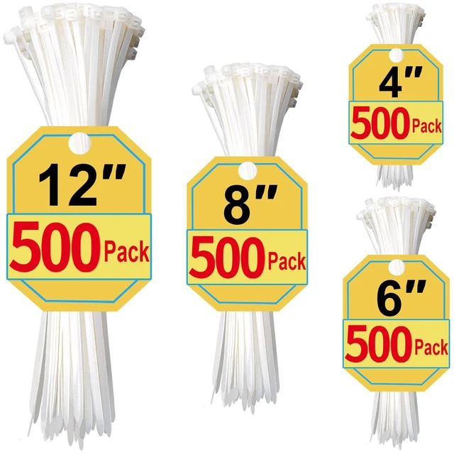 Main image of Zip Ties Assorted Sizes 4+6+8+12 Inch, 2000 Pack, White Cable Ties for Multi-Purpose, Nylon/Plastic Wire Ties for Home Improvement, Office & Outdoor Use (Clear-Colored Style)