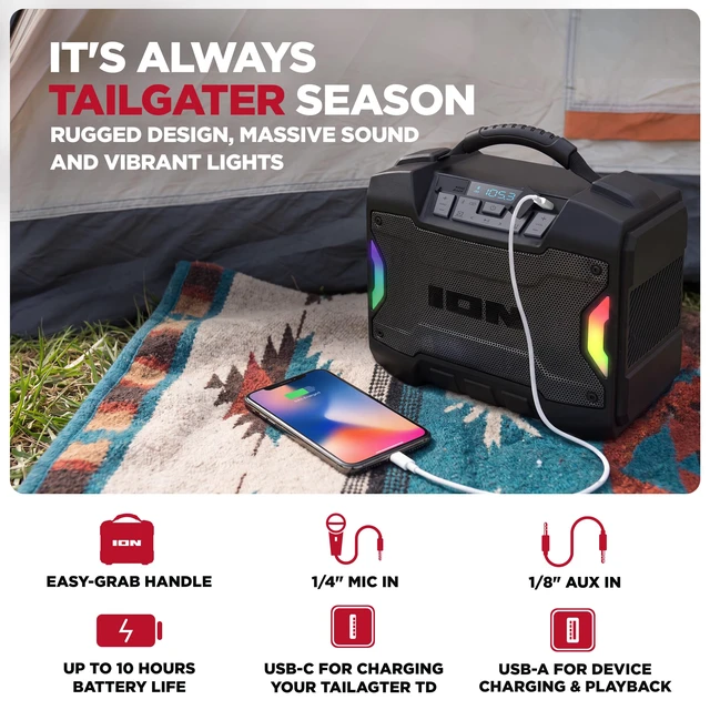 Alt view image 4 of 7 - Tailgater TD Outdoor Portable Bluetooth Speaker With 6 LED Light Modes, Mic In, FM Radio, USB Port, Rechargeable Battery, IPX5 Water-Resistant, Wireless Stereo-Link, App