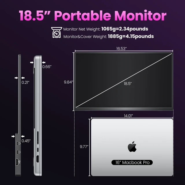 Alt view image 3 of 7 - Portable Monitor 18.5 inch FHD 130% sRGB 100Hz HDR HDMI USB-C Travel Monitor for Laptop MacBook PC Surface PS5 Xbox, Large External Display with Cover & Speakers, VESA Compatible